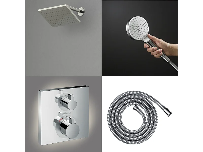 Colonne douche thermostatique HANSGROHE Ecostat Square Douche de tête Vernis Shape Flexible Metaflex Douchette Crometta chromé