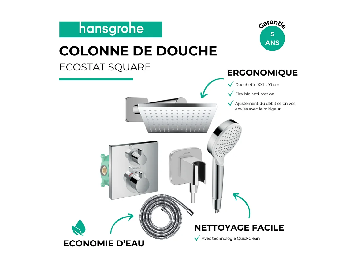 Colonne douche thermostatique HANSGROHE Ecostat Square Douche de tête Vernis Shape Flexible Metaflex Douchette Crometta chromé