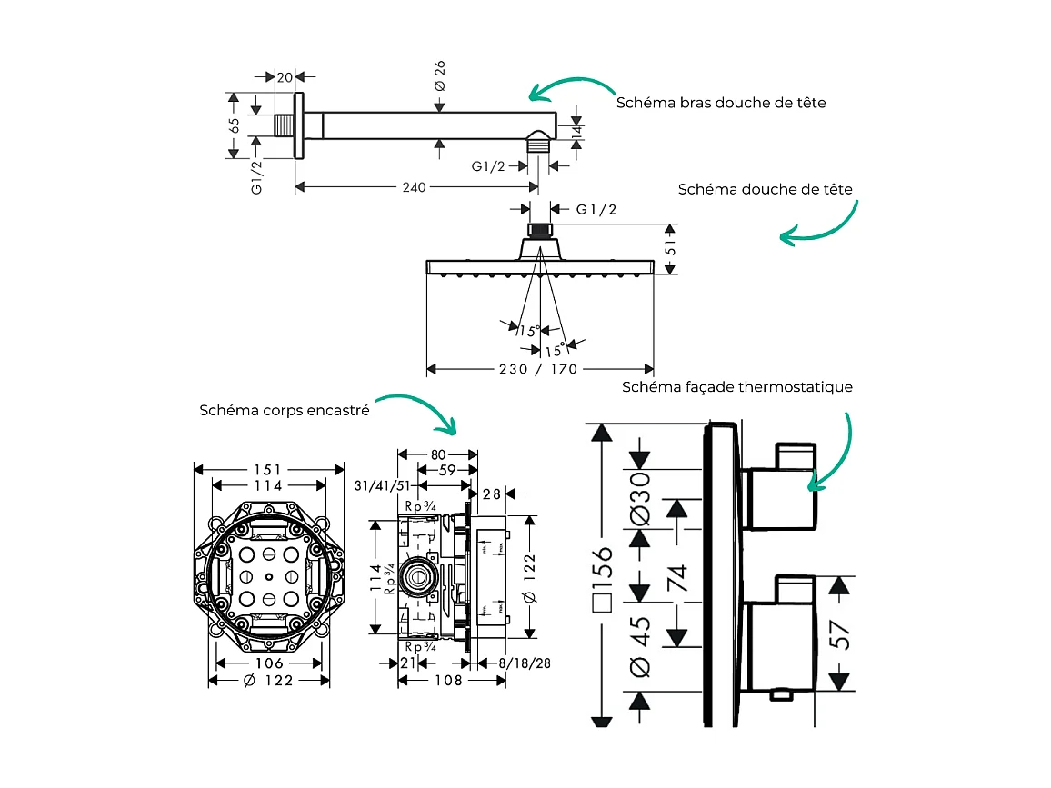Colonne douche thermostatique HANSGROHE Ecostat Square Douche de tête Vernis Shape Flexible Metaflex Douchette Crometta chromé