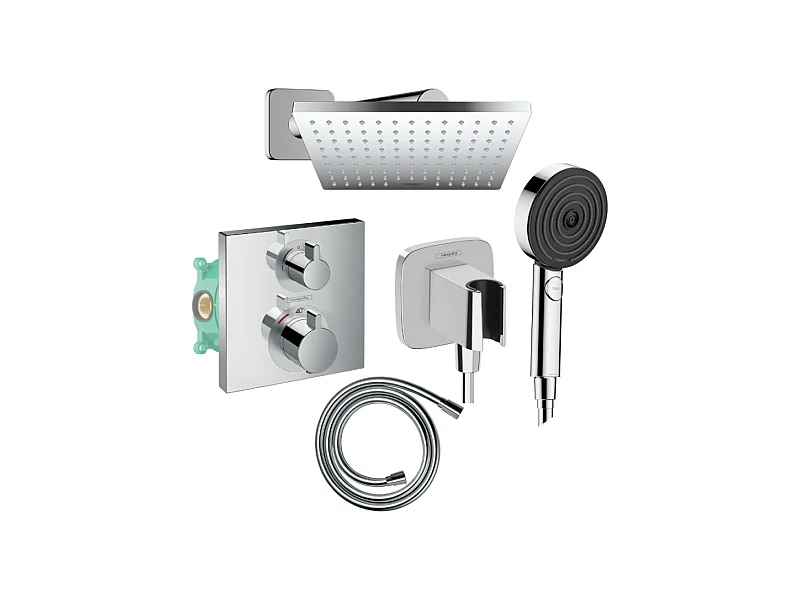 Colonne douche thermostatique HANSGROHE Ecostat Square Douche de tête Vernis Shape Flexible Designflex Douchette Pulsify chromé