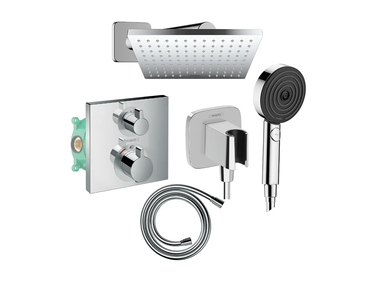 Colonne douche thermostatique HANSGROHE Ecostat Square Douche de tête Vernis Shape Flexible Designflex Douchette Pulsify chromé