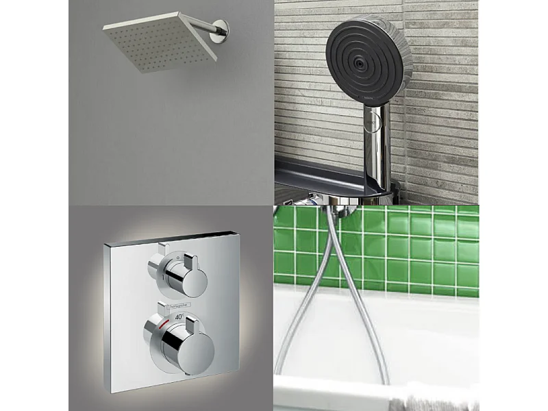 Colonne douche thermostatique HANSGROHE Ecostat Square Douche de tête Vernis Shape Flexible Designflex Douchette Pulsify chromé