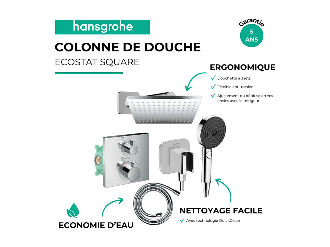 Colonne douche thermostatique HANSGROHE Ecostat Square Douche de tête Vernis Shape Flexible Designflex Douchette Pulsify chromé
