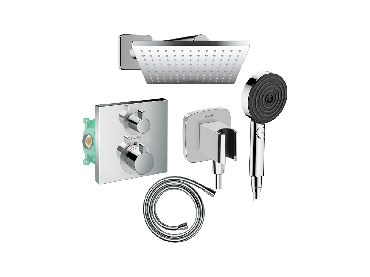 Colonne douche thermostatique HANSGROHE Ecostat Square Douche de tête Vernis Shape Flexible Designflex Douchette Pulsify chromé