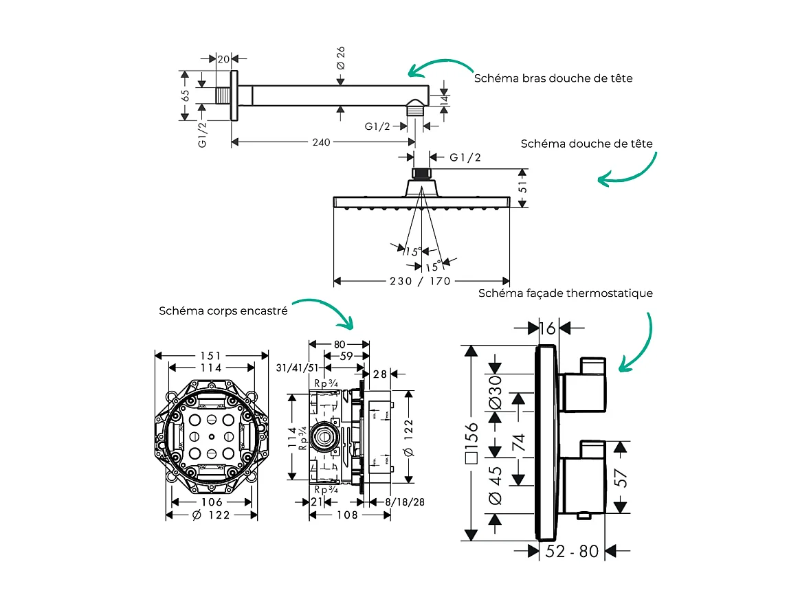 Colonne douche thermostatique HANSGROHE Ecostat Square Douche de tête Vernis Shape Flexible Designflex Douchette Pulsify chromé