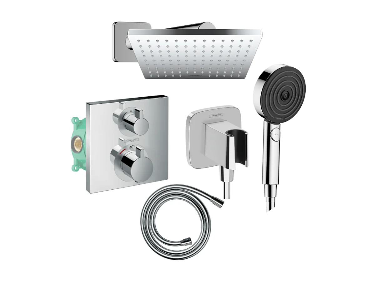 Colonne douche thermostatique HANSGROHE Ecostat Square Douche de tête Vernis Shape Flexible Designflex Douchette Pulsify chromé