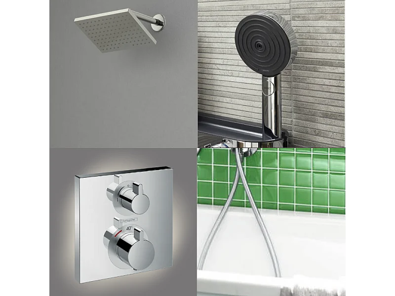Colonne douche thermostatique HANSGROHE Ecostat Square Douche de tête Vernis Shape Flexible Designflex Douchette Pulsify chromé