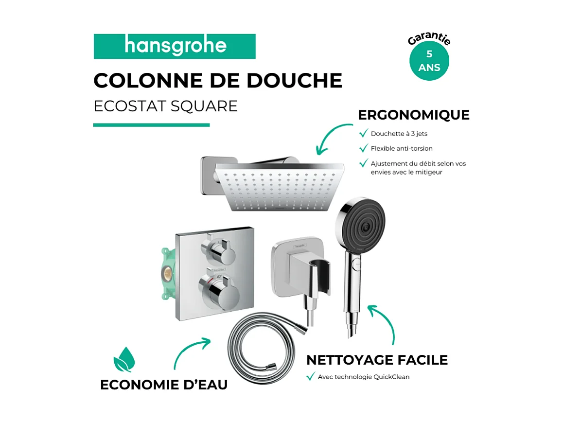Colonne douche thermostatique HANSGROHE Ecostat Square Douche de tête Vernis Shape Flexible Designflex Douchette Pulsify chromé