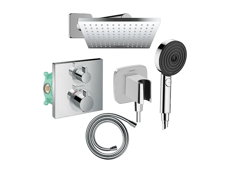 Colonne douche thermostatique HANSGROHE Ecostat Square Douche de tête Vernis Shape Flexible Designflex Douchette Pulsify chromé