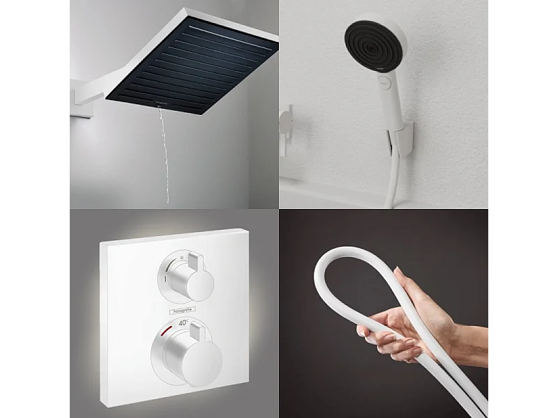 Colonne douche thermostatique HANSGROHE Ecostat Square Douche de tête Pulsify S Flexible Isiflex Douchette Pulsify blanc mat