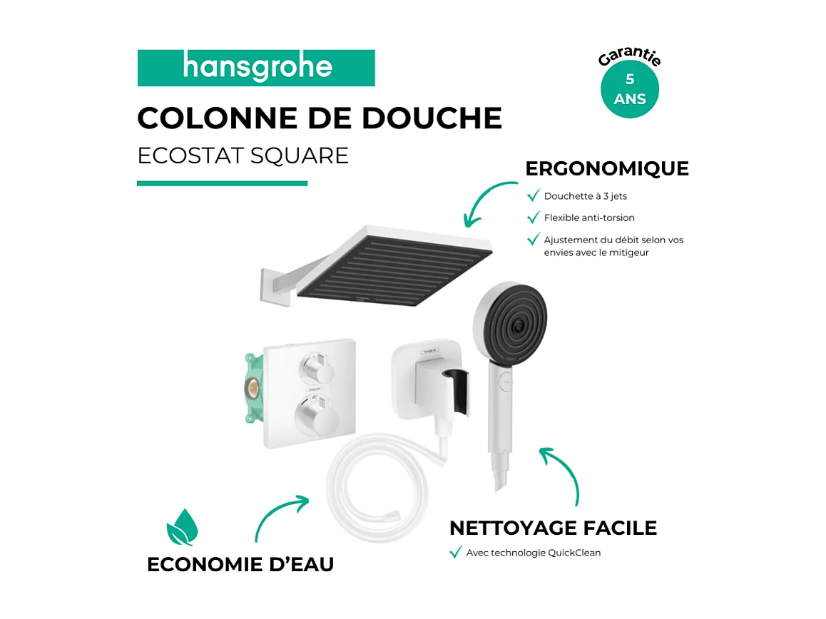 Colonne douche thermostatique HANSGROHE Ecostat Square Douche de tête Pulsify S Flexible Isiflex Douchette Pulsify blanc mat