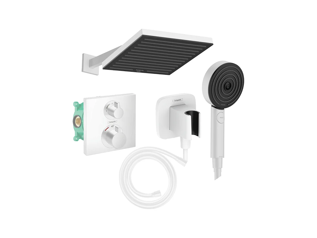 Colonne douche thermostatique HANSGROHE Ecostat Square Douche de tête Pulsify S Flexible Isiflex Douchette Pulsify blanc mat