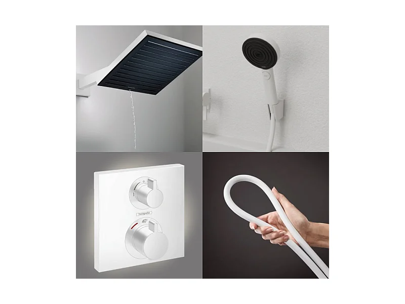 Colonne douche thermostatique HANSGROHE Ecostat Square Douche de tête Pulsify S Flexible Isiflex Douchette Pulsify blanc mat