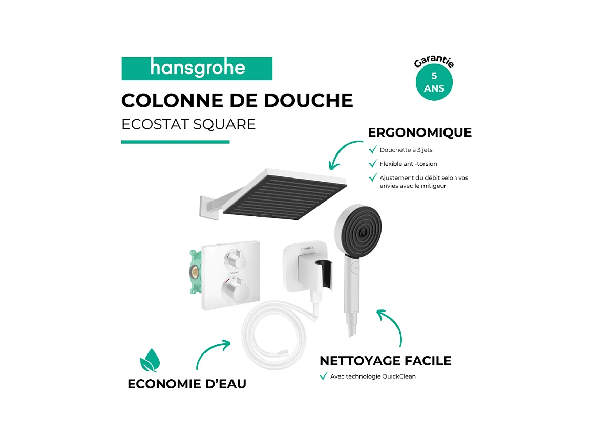Colonne douche thermostatique HANSGROHE Ecostat Square Douche de tête Pulsify S Flexible Isiflex Douchette Pulsify blanc mat