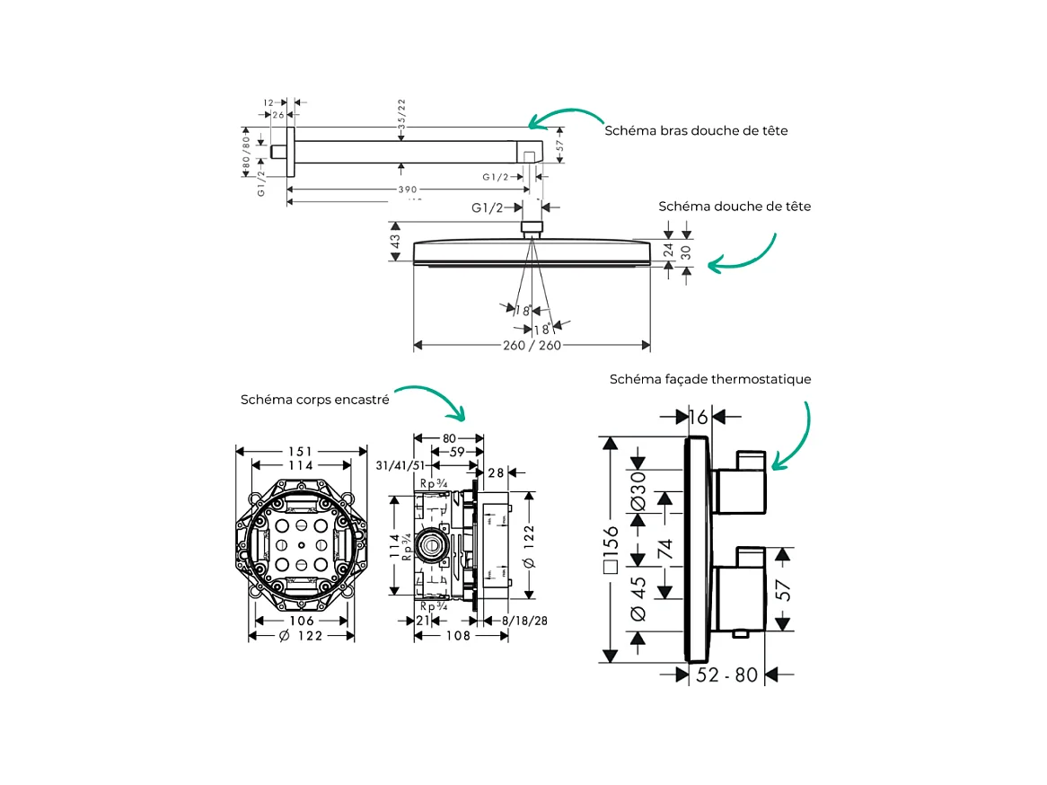 Colonne douche thermostatique HANSGROHE Ecostat Square Douche de tête Pulsify S Flexible Isiflex Douchette Pulsify blanc mat