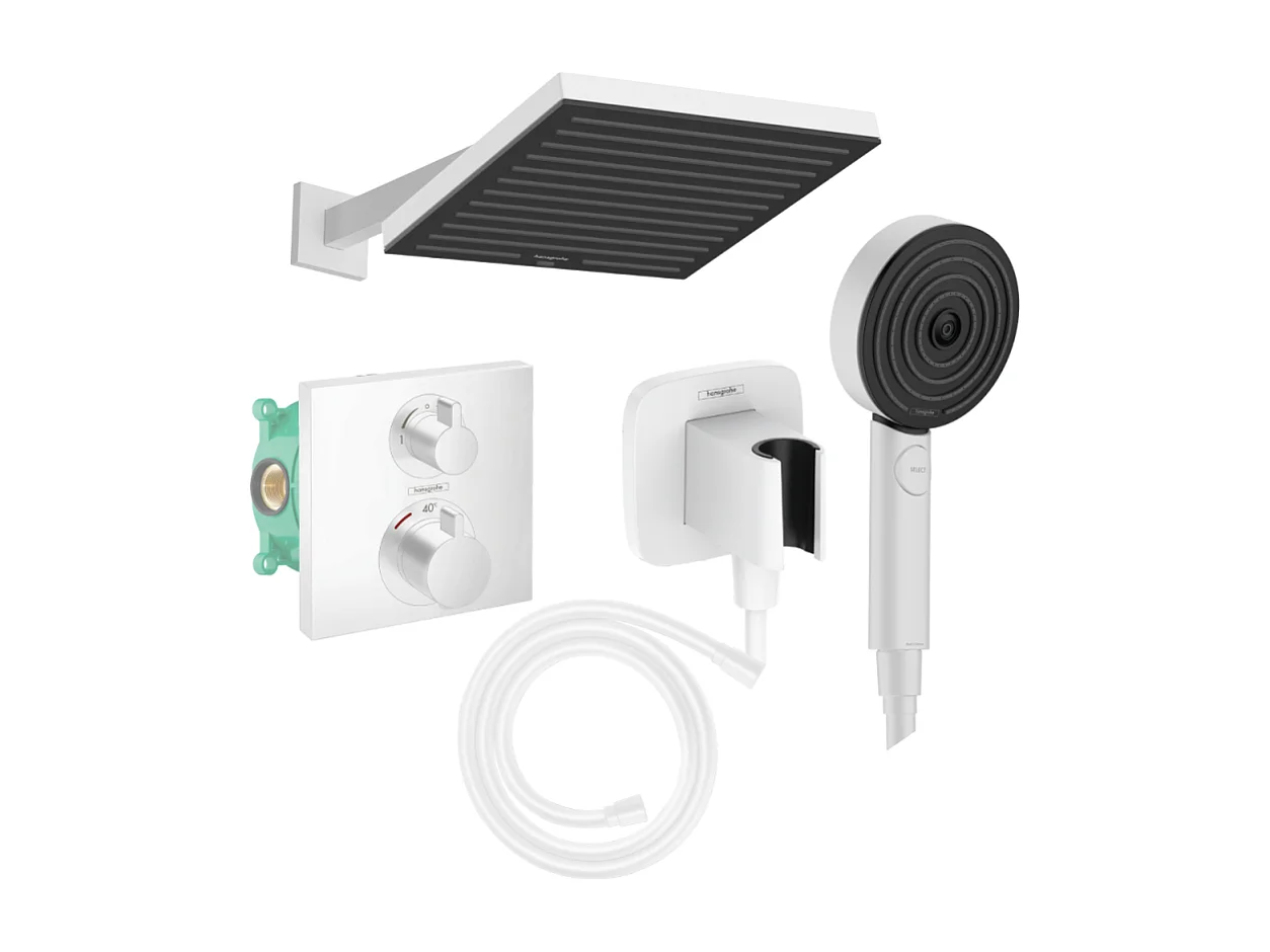 Colonne douche thermostatique HANSGROHE Ecostat Square Douche de tête Pulsify S Flexible Isiflex Douchette Pulsify blanc mat