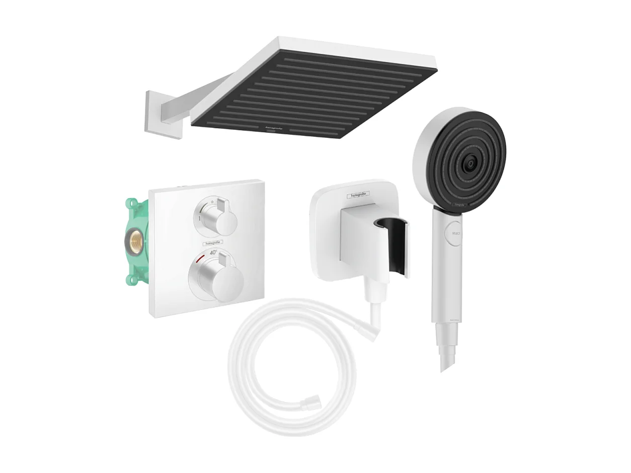 Colonne douche thermostatique HANSGROHE Ecostat Square Douche de tête Pulsify S Flexible Isiflex Douchette Pulsify blanc mat