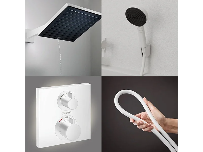 Colonne douche thermostatique HANSGROHE Ecostat Square Douche de tête Pulsify S Flexible Isiflex Douchette Pulsify blanc mat