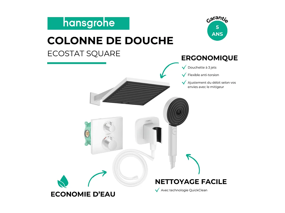 Colonne douche thermostatique HANSGROHE Ecostat Square Douche de tête Pulsify S Flexible Isiflex Douchette Pulsify blanc mat
