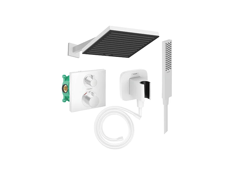Colonne douche thermostatique HANSGROHE Ecostat Square Douche de tête Pulsify S Flexible Isiflex Douchette Pulsify E  blanc mat