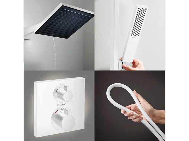 Colonne douche thermostatique HANSGROHE Ecostat Square Douche de tête Pulsify S Flexible Isiflex Douchette Pulsify E  blanc mat