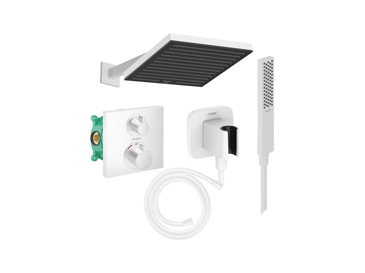 Colonne douche thermostatique HANSGROHE Ecostat Square Douche de tête Pulsify S Flexible Isiflex Douchette Pulsify E  blanc mat