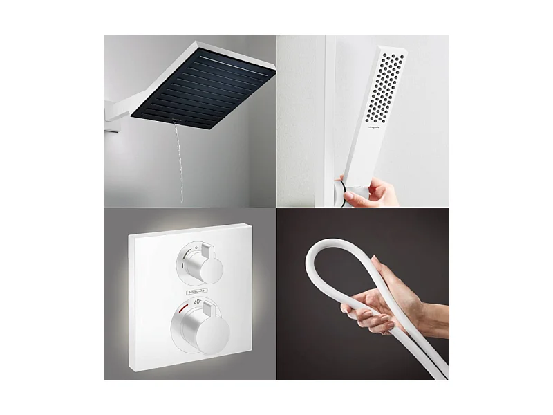 Colonne douche thermostatique HANSGROHE Ecostat Square Douche de tête Pulsify S Flexible Isiflex Douchette Pulsify E  blanc mat