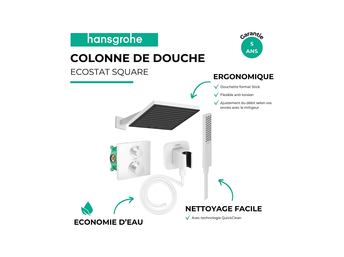 Colonne douche thermostatique HANSGROHE Ecostat Square Douche de tête Pulsify S Flexible Isiflex Douchette Pulsify E  blanc mat