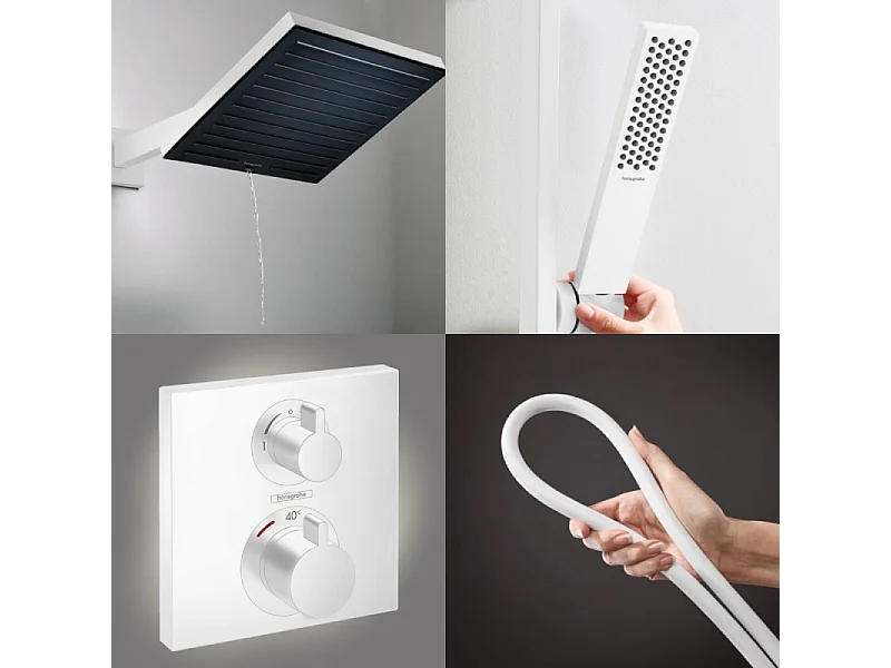 Colonne douche thermostatique HANSGROHE Ecostat Square Douche de tête Pulsify S Flexible Isiflex Douchette Pulsify E  blanc mat