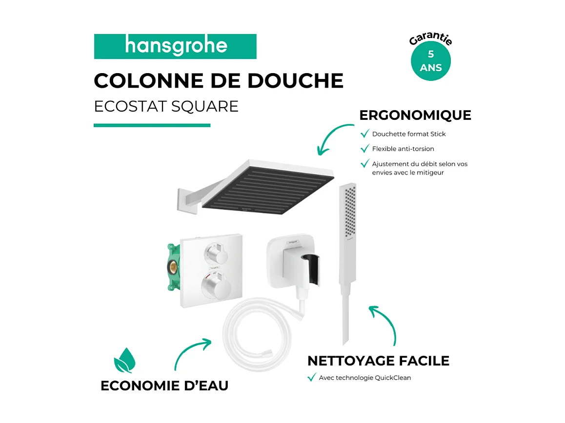 Colonne douche thermostatique HANSGROHE Ecostat Square Douche de tête Pulsify S Flexible Isiflex Douchette Pulsify E  blanc mat
