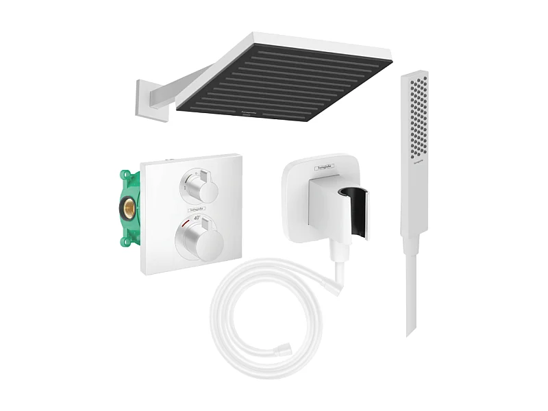 Colonne douche thermostatique HANSGROHE Ecostat Square Douche de tête Pulsify S Flexible Isiflex Douchette Pulsify E  blanc mat
