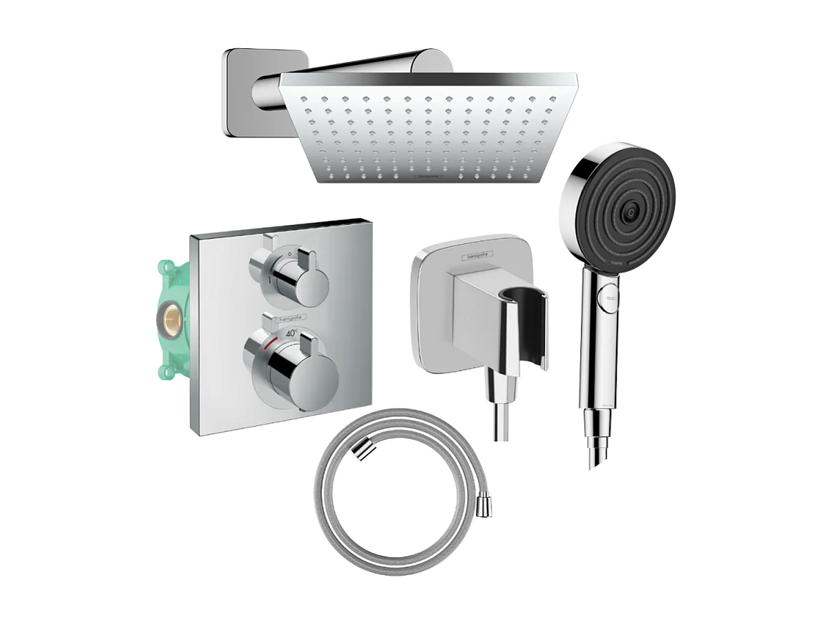 Colonne douche thermostatique HANSGROHE Ecostat Square Douche de tête Vernis Shape Flexible Isiflex Douchette Pulsify chromé