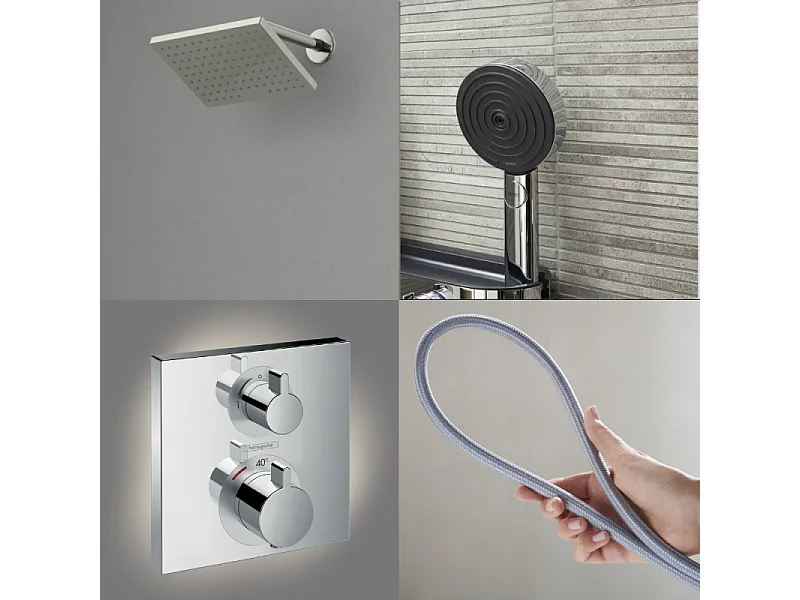 Colonne douche thermostatique HANSGROHE Ecostat Square Douche de tête Vernis Shape Flexible Isiflex Douchette Pulsify chromé