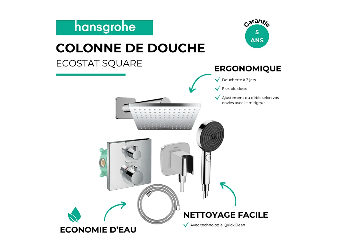 Colonne douche thermostatique HANSGROHE Ecostat Square Douche de tête Vernis Shape Flexible Isiflex Douchette Pulsify chromé