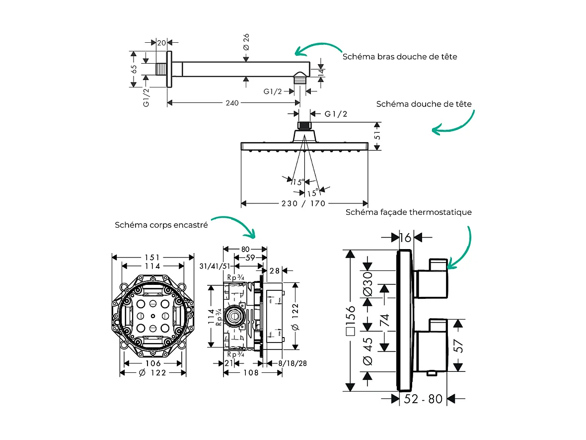 Colonne douche thermostatique HANSGROHE Ecostat Square Douche de tête Vernis Shape Flexible Isiflex Douchette Pulsify chromé