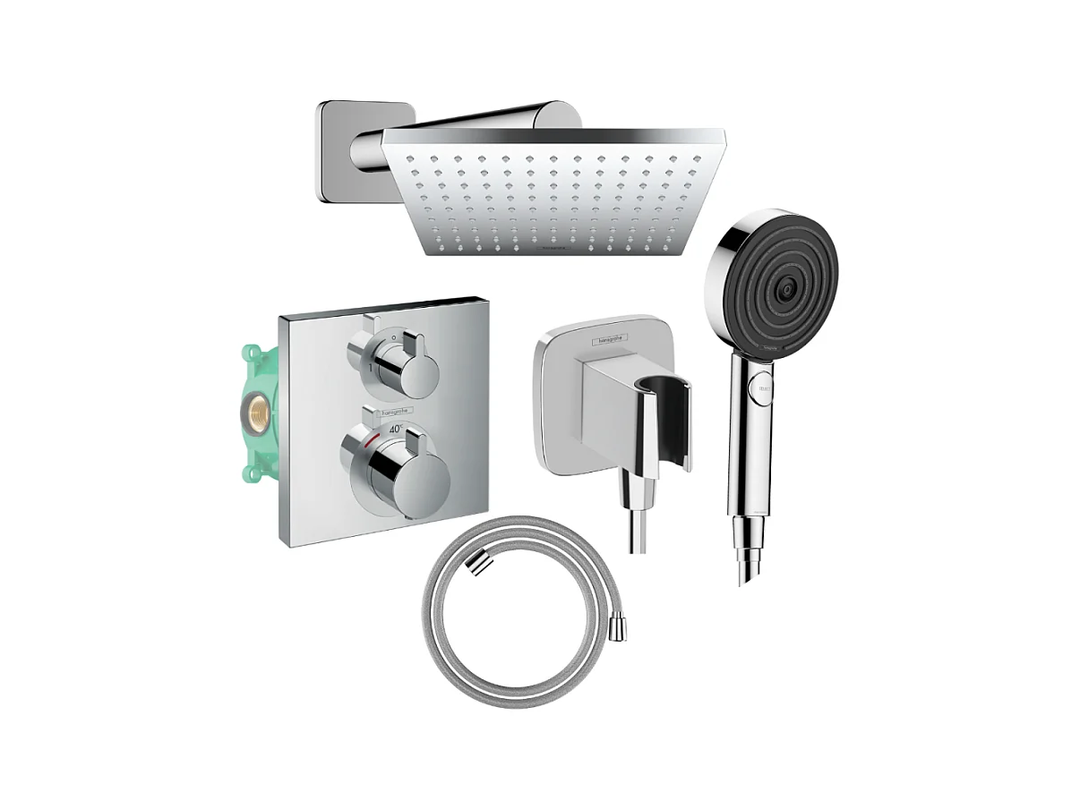 Colonne douche thermostatique HANSGROHE Ecostat Square Douche de tête Vernis Shape Flexible Isiflex Douchette Pulsify chromé