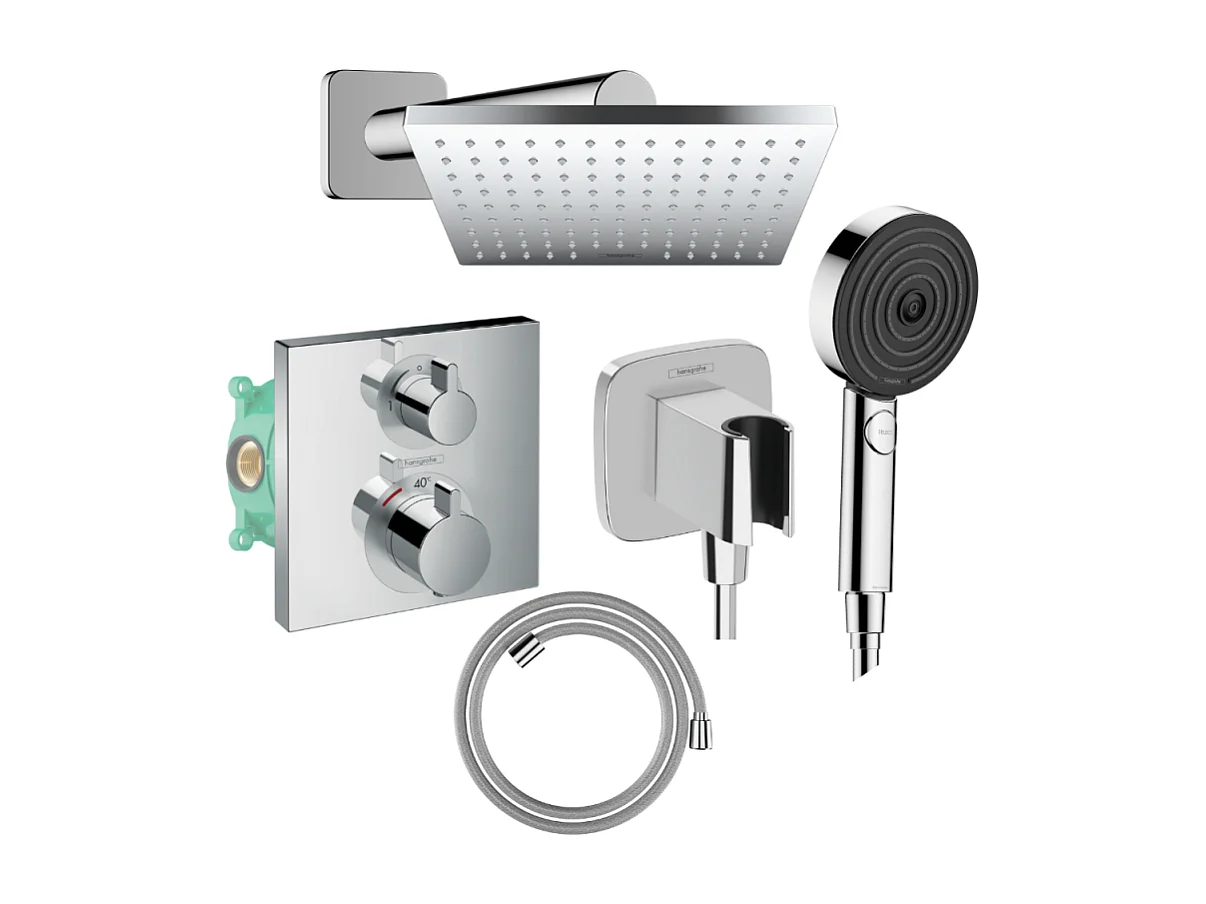Colonne douche thermostatique HANSGROHE Ecostat Square Douche de tête Vernis Shape Flexible Isiflex Douchette Pulsify chromé