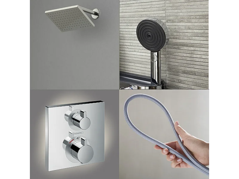 Colonne douche thermostatique HANSGROHE Ecostat Square Douche de tête Vernis Shape Flexible Isiflex Douchette Pulsify chromé