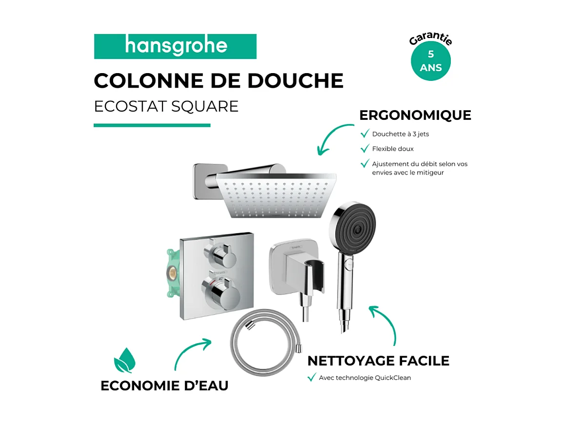 Colonne douche thermostatique HANSGROHE Ecostat Square Douche de tête Vernis Shape Flexible Isiflex Douchette Pulsify chromé
