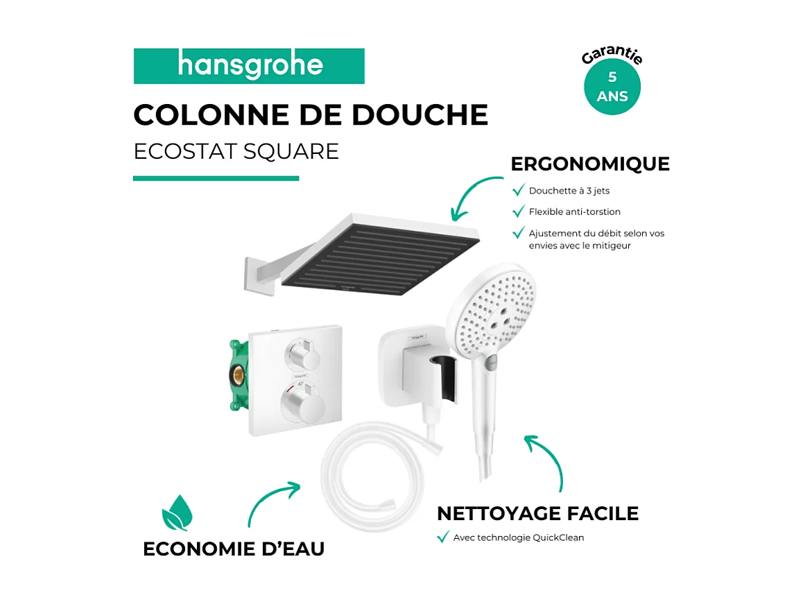 Colonne douche thermostatique HANSGROHE Ecostat Square Douche de tête Pulsify S Flexible Isiflex Douchette Raindance SelectS blanc