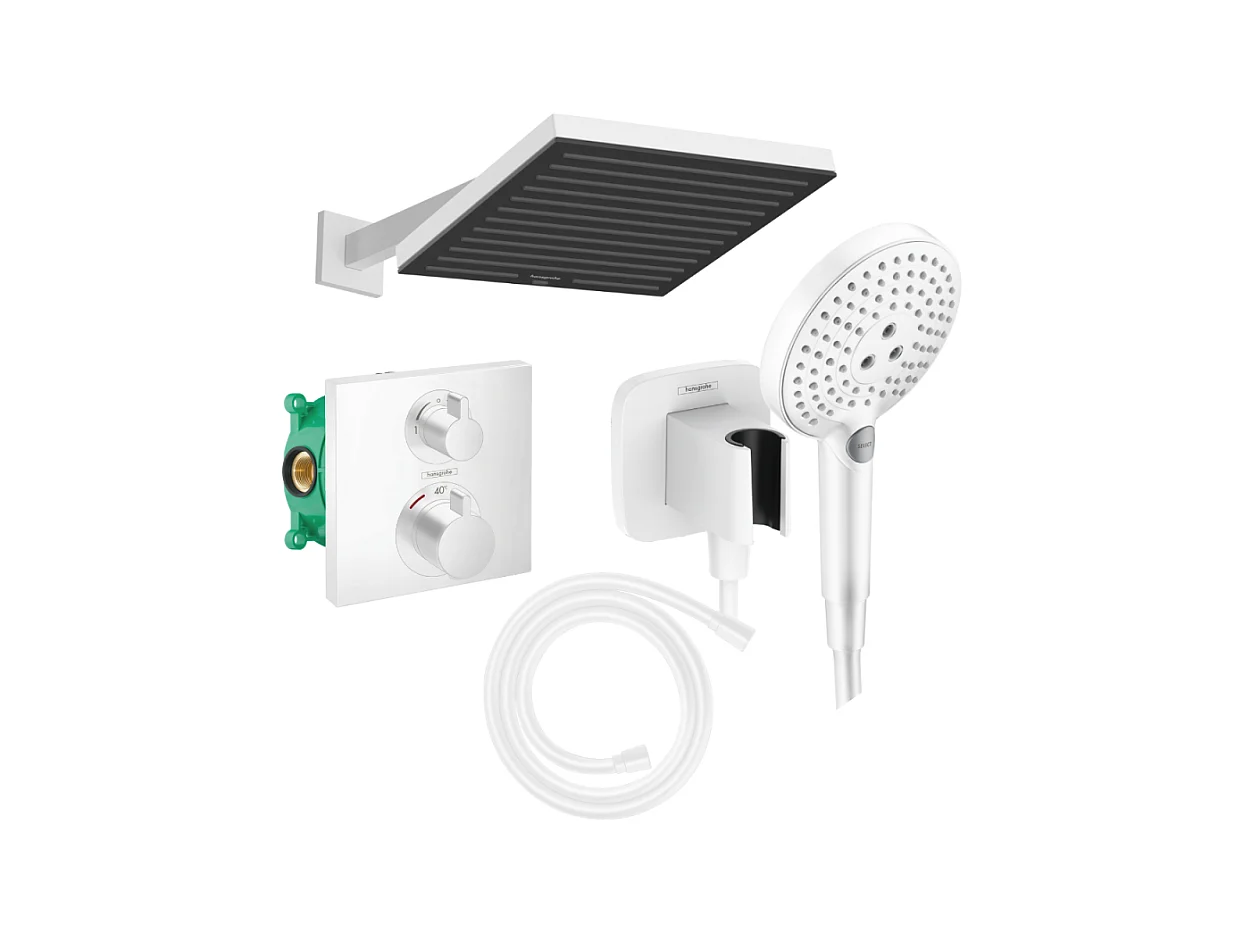 Colonne douche thermostatique HANSGROHE Ecostat Square Douche de tête Pulsify S Flexible Isiflex Douchette Raindance SelectS blanc