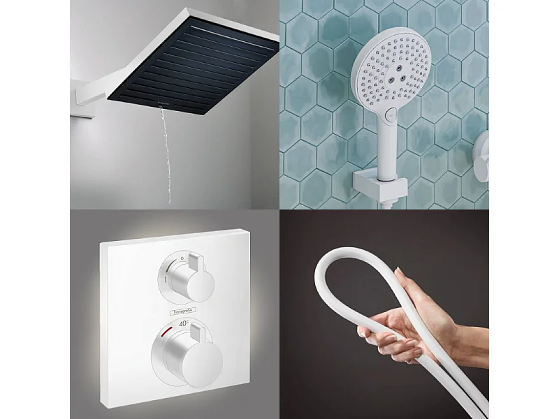 Colonne douche thermostatique HANSGROHE Ecostat Square Douche de tête Pulsify S Flexible Isiflex Douchette Raindance SelectS blanc