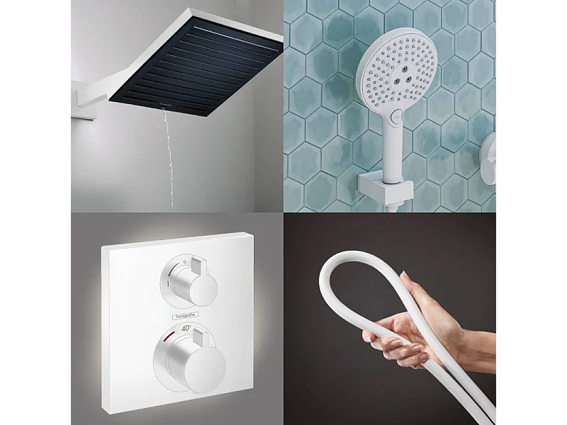 Colonne douche thermostatique HANSGROHE Ecostat Square Douche de tête Pulsify S Flexible Isiflex Douchette Raindance SelectS blanc