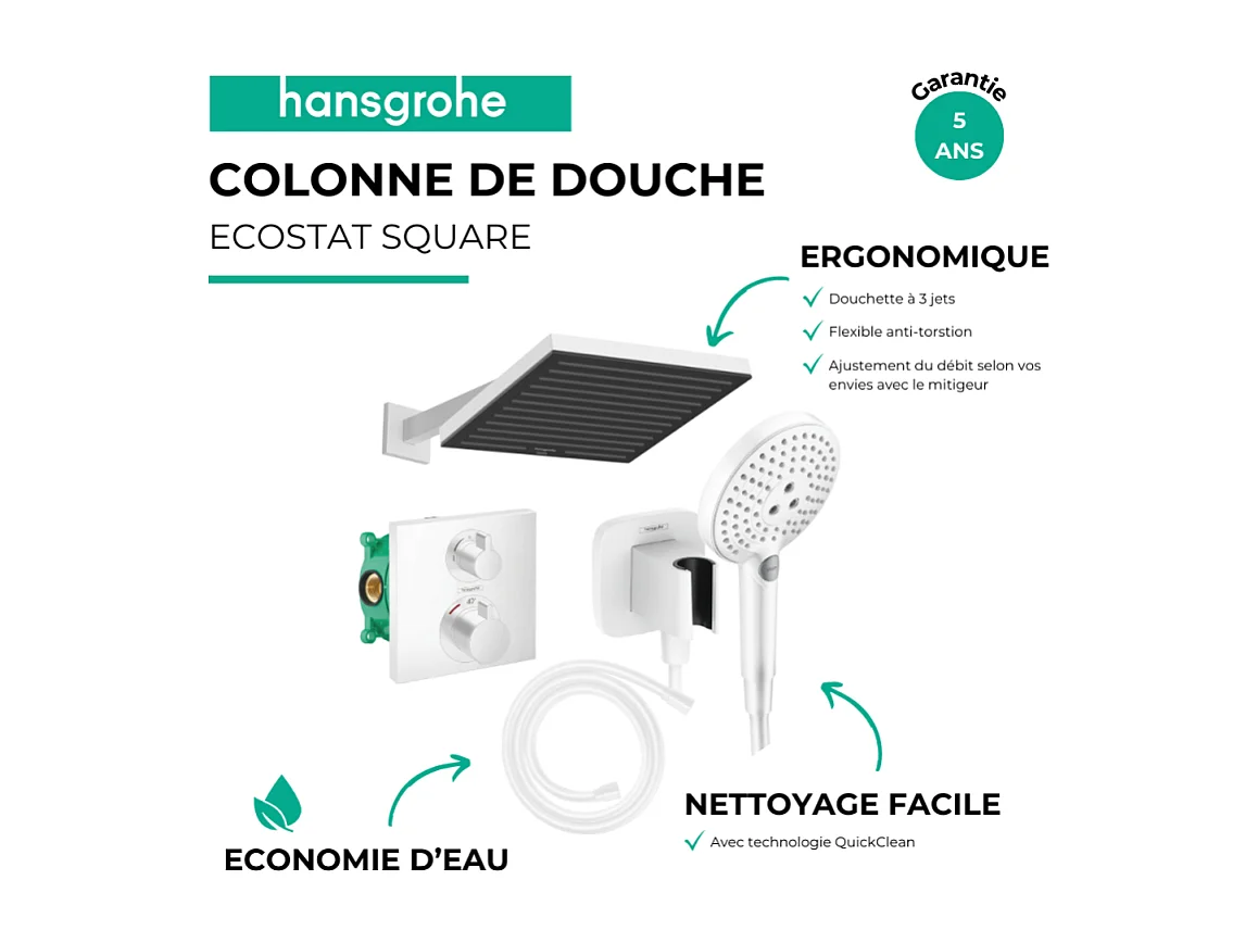 Colonne douche thermostatique HANSGROHE Ecostat Square Douche de tête Pulsify S Flexible Isiflex Douchette Raindance SelectS blanc