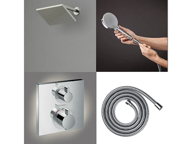 Colonne douche thermostatique HANSGROHE Ecostat Square Douche de tête Vernis Shape Flexible Metaflex Douchette Vernis Blend chromé