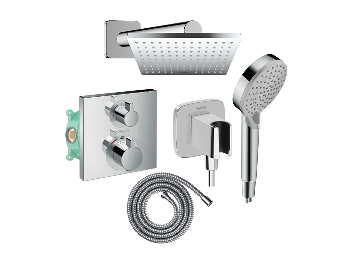 Colonne douche thermostatique HANSGROHE Ecostat Square Douche de tête Vernis Shape Flexible Metaflex Douchette Vernis Blend chromé