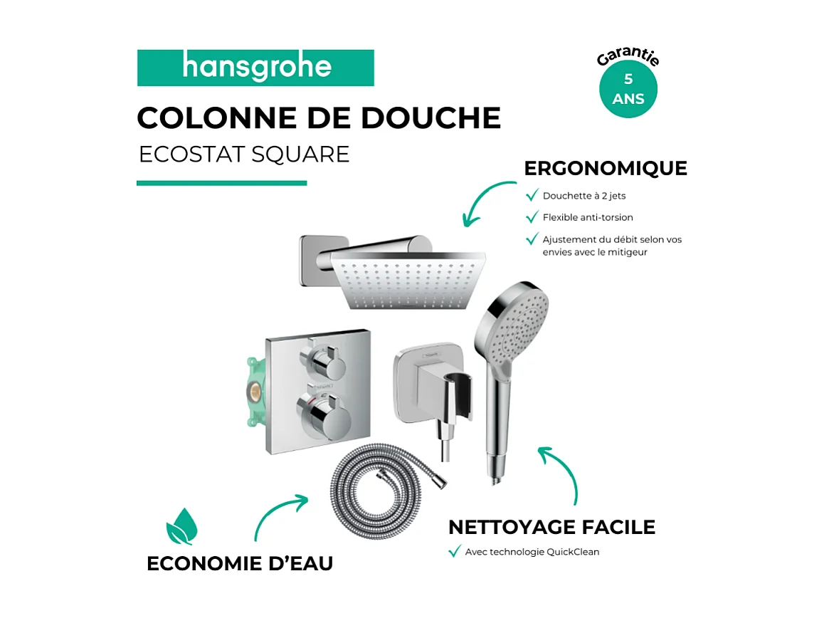 Colonne douche thermostatique HANSGROHE Ecostat Square Douche de tête Vernis Shape Flexible Metaflex Douchette Vernis Blend chromé
