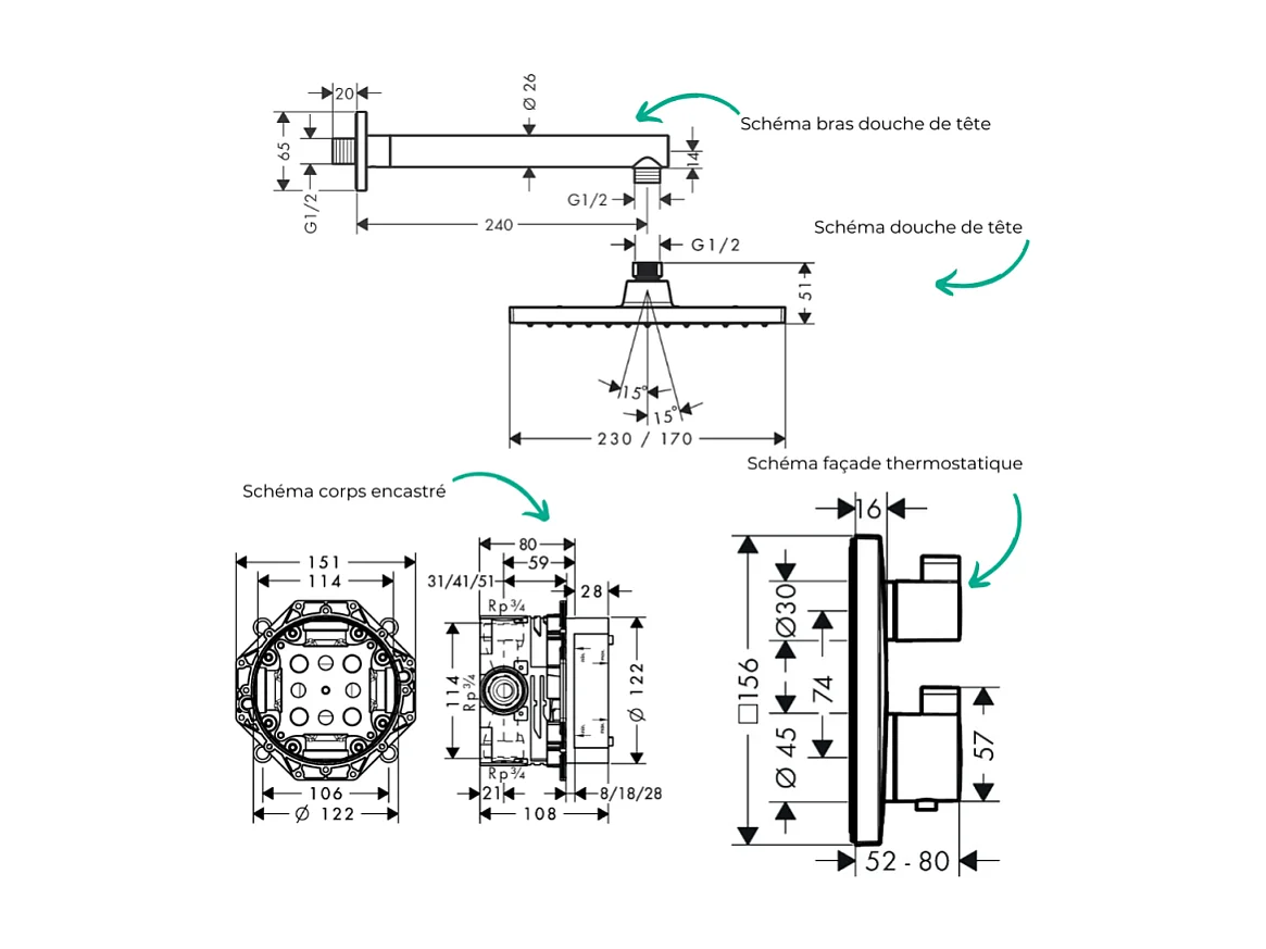 Colonne douche thermostatique HANSGROHE Ecostat Square Douche de tête Vernis Shape Flexible Metaflex Douchette Vernis Blend chromé