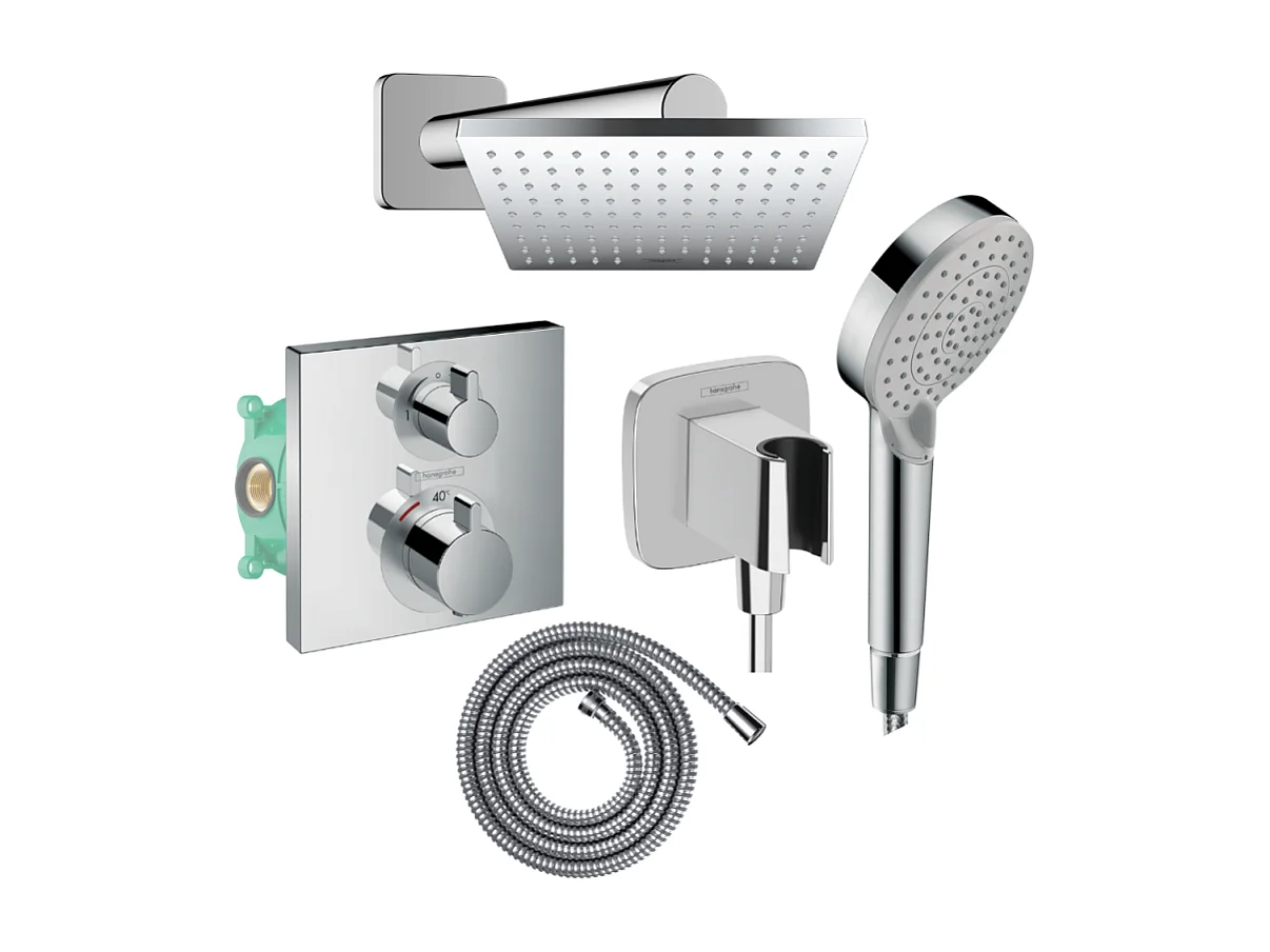 Colonne douche thermostatique HANSGROHE Ecostat Square Douche de tête Vernis Shape Flexible Metaflex Douchette Vernis Blend chromé