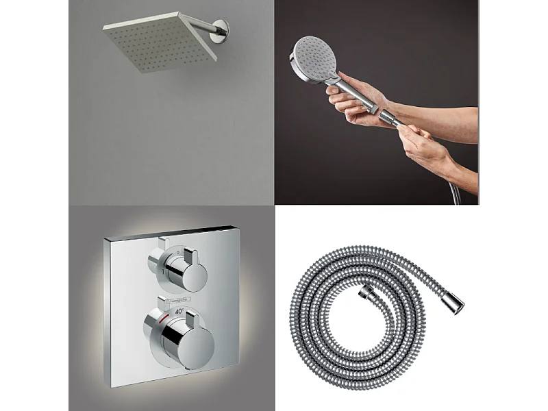 Colonne douche thermostatique HANSGROHE Ecostat Square Douche de tête Vernis Shape Flexible Metaflex Douchette Vernis Blend chromé